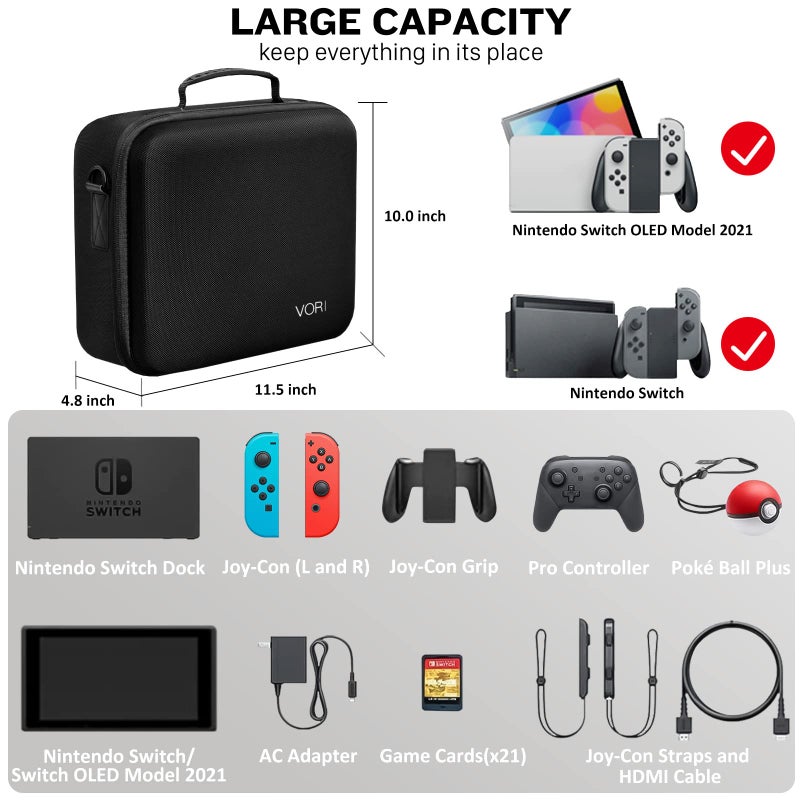VORI Carrying Case for Nintendo Switch/Switch OLED Model (2021), Hard Travel Storage Protective Case with Handle and Shoulder Strap for Pro Controller, Poke Ball Plus and Switch Accessories, Black - Image 2